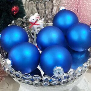 6 Blue Satin Glass Christmas Ornament Balls 2.5"